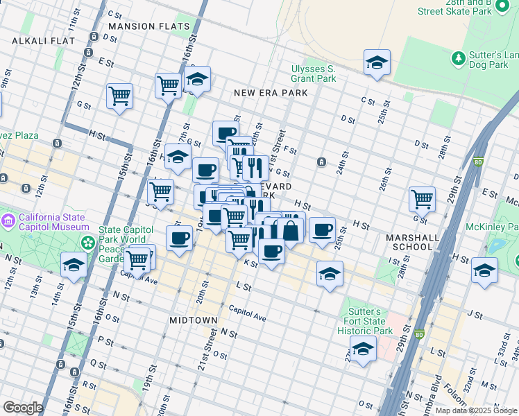 map of restaurants, bars, coffee shops, grocery stores, and more near 2114 I Street in Sacramento