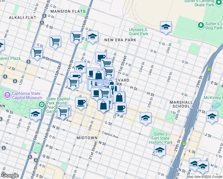 map of restaurants, bars, coffee shops, grocery stores, and more near 2015 J Street in Sacramento