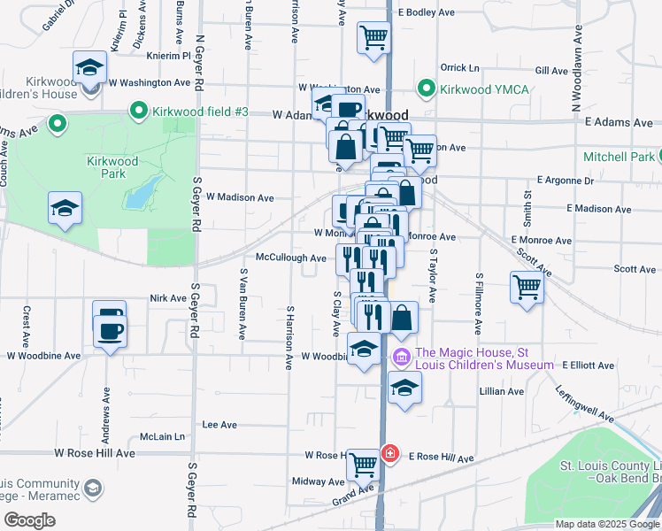 map of restaurants, bars, coffee shops, grocery stores, and more near 10 Silver Lane in Kirkwood
