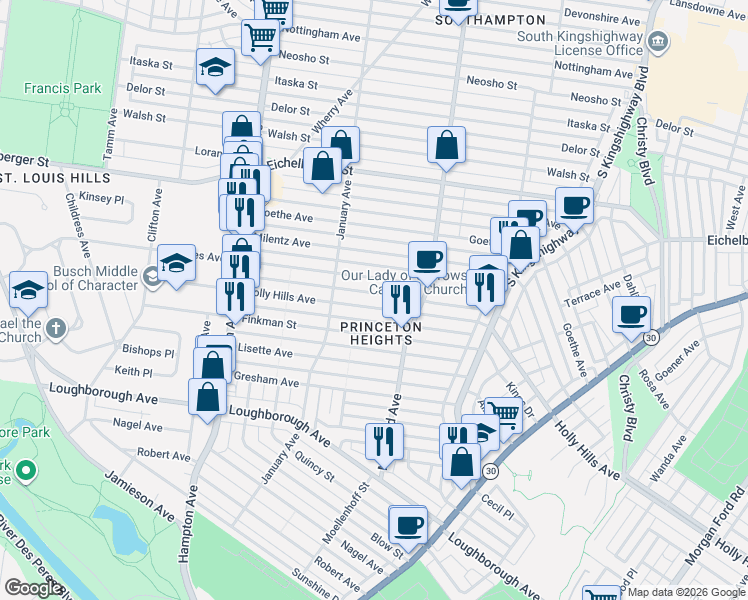 map of restaurants, bars, coffee shops, grocery stores, and more near in St. Louis