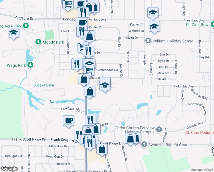 map of restaurants, bars, coffee shops, grocery stores, and more near 5100 North Illinois Street in Fairview Heights