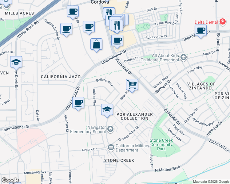 map of restaurants, bars, coffee shops, grocery stores, and more near 10917 Bellone Way in Rancho Cordova