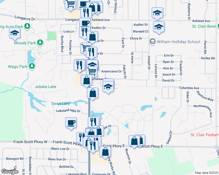 map of restaurants, bars, coffee shops, grocery stores, and more near 5100 North Illinois Street in Fairview Heights