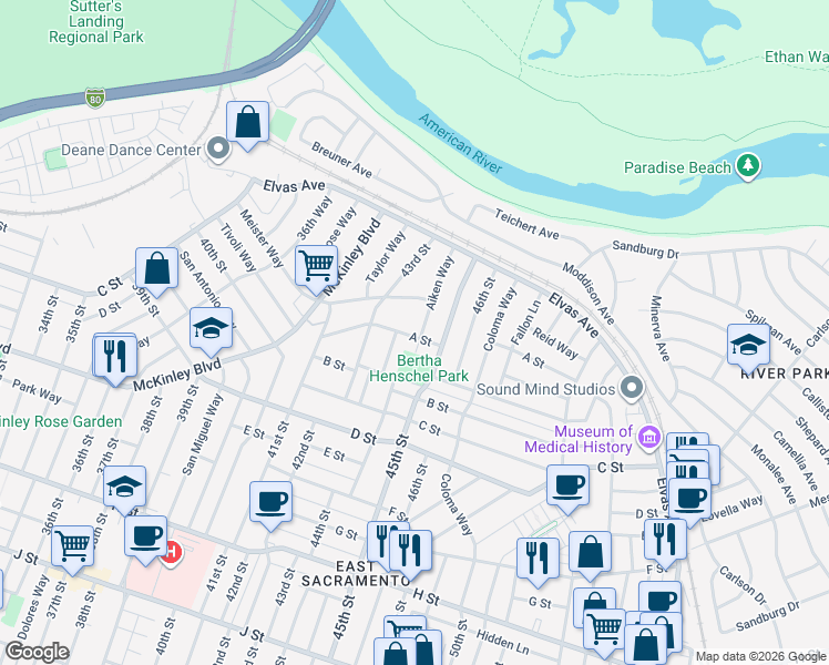 map of restaurants, bars, coffee shops, grocery stores, and more near 4431 A Street in Sacramento