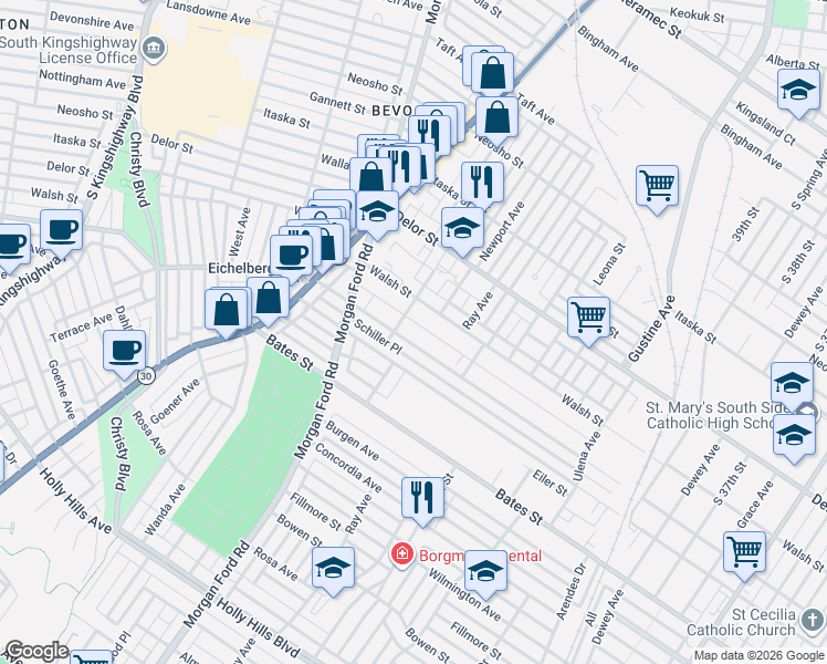 map of restaurants, bars, coffee shops, grocery stores, and more near 4137 Schiller Place in St. Louis
