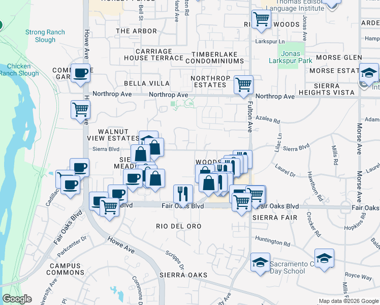 map of restaurants, bars, coffee shops, grocery stores, and more near 2400 Sierra Boulevard in Sacramento