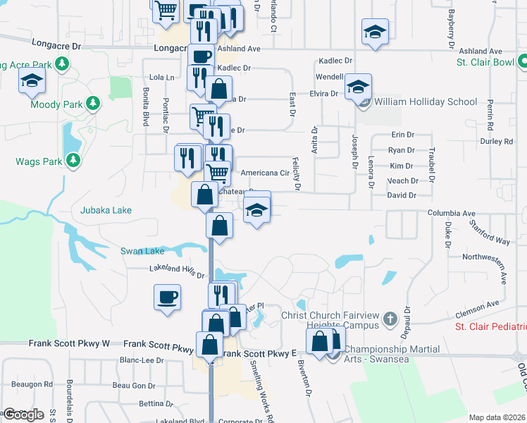 map of restaurants, bars, coffee shops, grocery stores, and more near 26 Chateau Drive in Fairview Heights