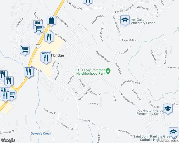 map of restaurants, bars, coffee shops, grocery stores, and more near 2970 Birch Creek Court in Dumfries