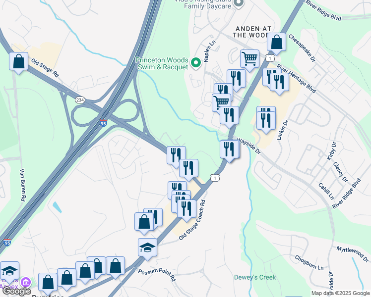 map of restaurants, bars, coffee shops, grocery stores, and more near 3628 Briarwood Drive in Dumfries
