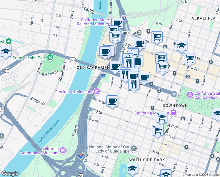 map of restaurants, bars, coffee shops, grocery stores, and more near in Sacramento