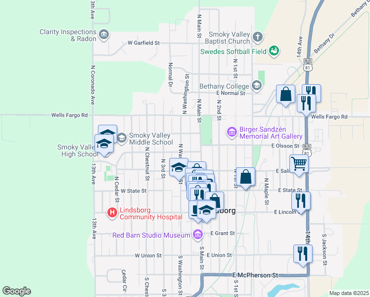 map of restaurants, bars, coffee shops, grocery stores, and more near 105 West Green Street in Lindsborg