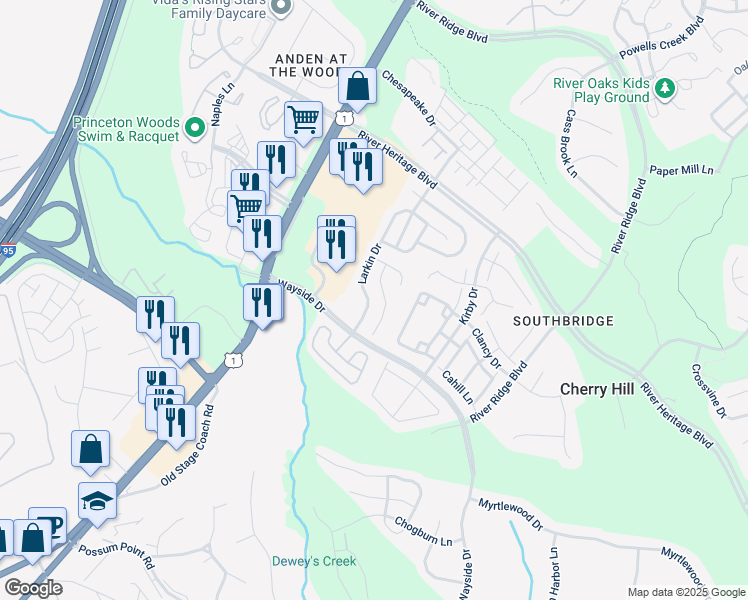 map of restaurants, bars, coffee shops, grocery stores, and more near 17247 Larkin Drive in Dumfries
