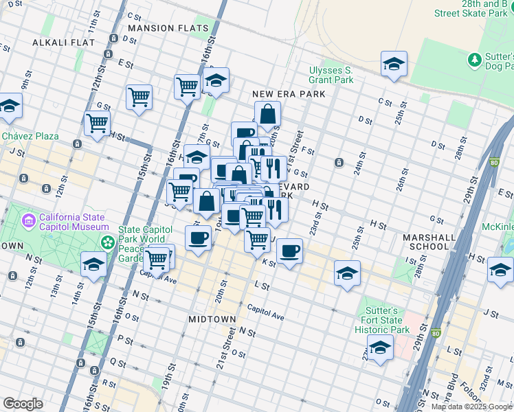 map of restaurants, bars, coffee shops, grocery stores, and more near 815 20th Street in Sacramento
