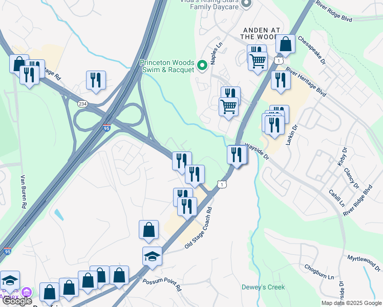 map of restaurants, bars, coffee shops, grocery stores, and more near 3628 Briarwood Drive in Dumfries