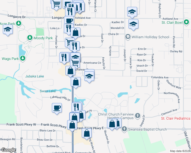map of restaurants, bars, coffee shops, grocery stores, and more near 46 Chateau Drive in Fairview Heights