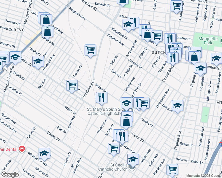 map of restaurants, bars, coffee shops, grocery stores, and more near 3832 Neosho Street in St. Louis