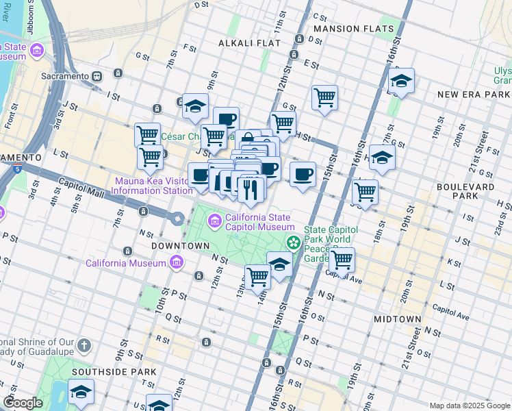 map of restaurants, bars, coffee shops, grocery stores, and more near 1205 L Street in Sacramento