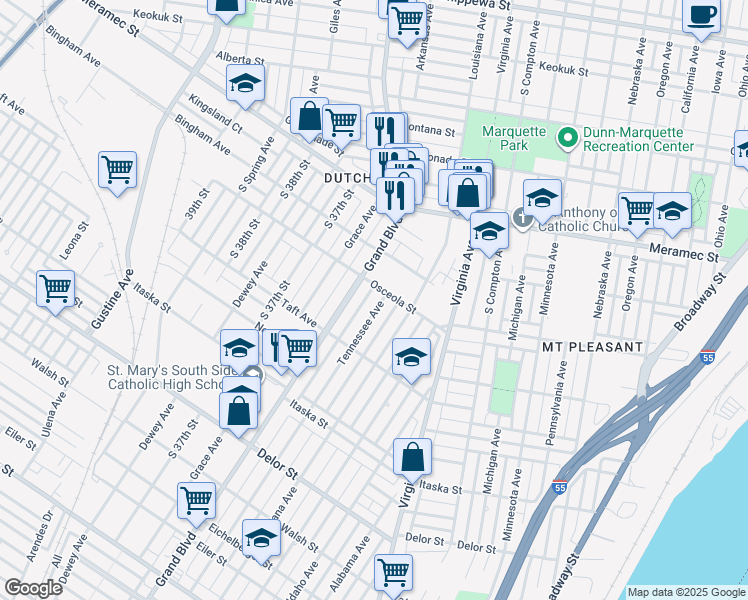 map of restaurants, bars, coffee shops, grocery stores, and more near 4413 Tennessee Avenue in St. Louis