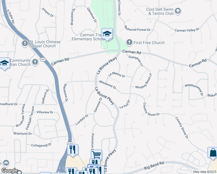 map of restaurants, bars, coffee shops, grocery stores, and more near 1412 Mautenne Drive in Ballwin