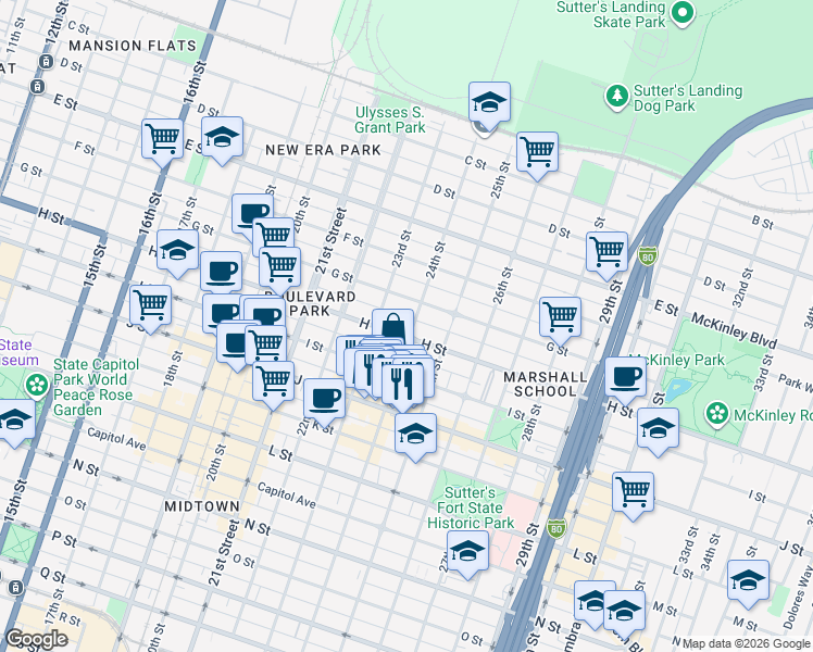 map of restaurants, bars, coffee shops, grocery stores, and more near 2325 H Street in Sacramento