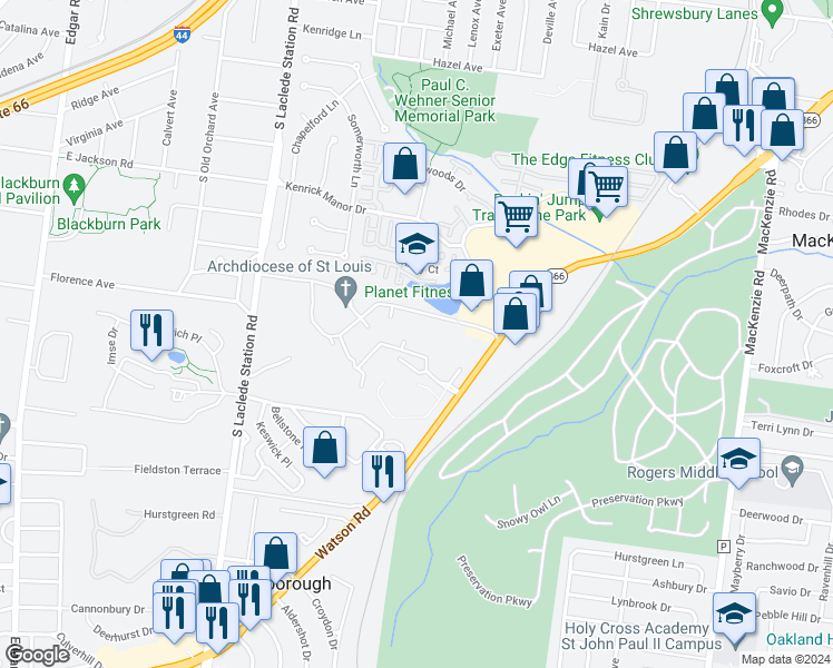 map of restaurants, bars, coffee shops, grocery stores, and more near 7609 Watson Road in St. Louis