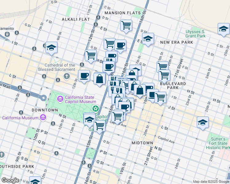 map of restaurants, bars, coffee shops, grocery stores, and more near 925 16th Street in Sacramento