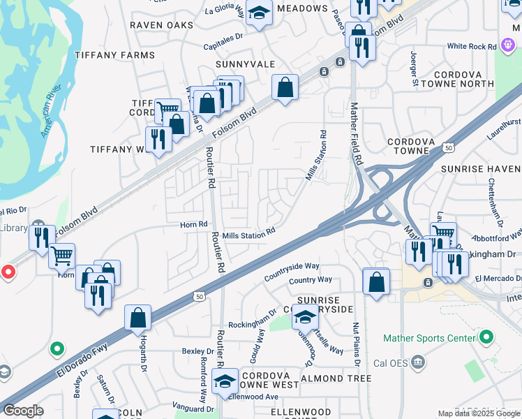 map of restaurants, bars, coffee shops, grocery stores, and more near 10035 Mills Station Road in Sacramento