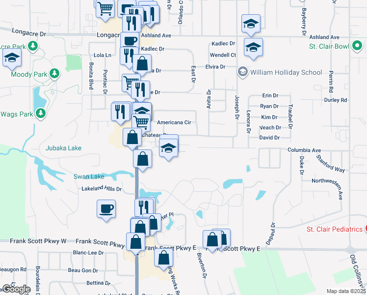 map of restaurants, bars, coffee shops, grocery stores, and more near 46 Chateau Drive in Fairview Heights