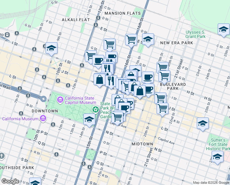 map of restaurants, bars, coffee shops, grocery stores, and more near 925 16th Street in Sacramento