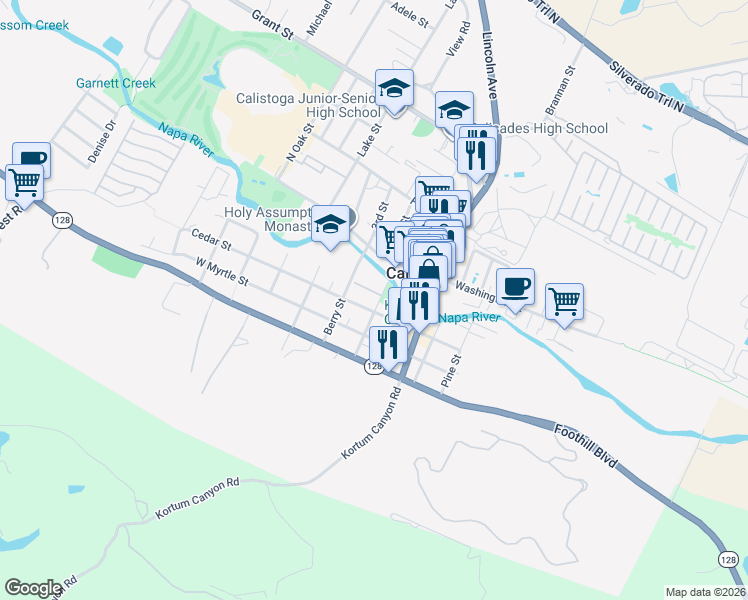map of restaurants, bars, coffee shops, grocery stores, and more near 1323 Spring Street in Calistoga