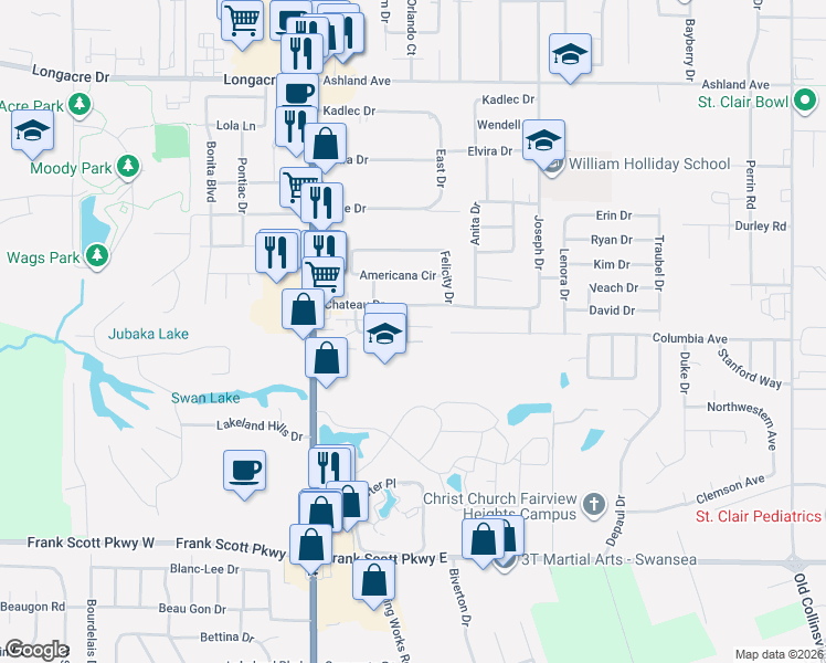 map of restaurants, bars, coffee shops, grocery stores, and more near 46 Chateau Drive in Fairview Heights