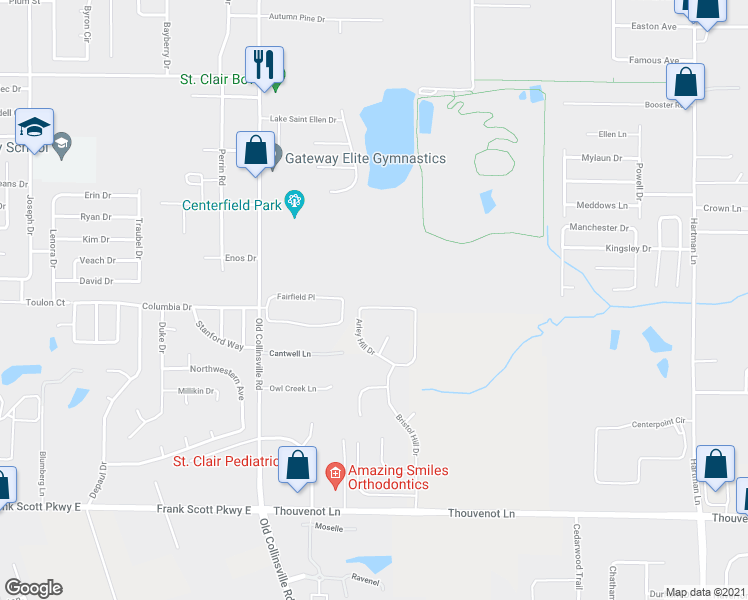 map of restaurants, bars, coffee shops, grocery stores, and more near 1461 Arley Hill Drive in O'Fallon