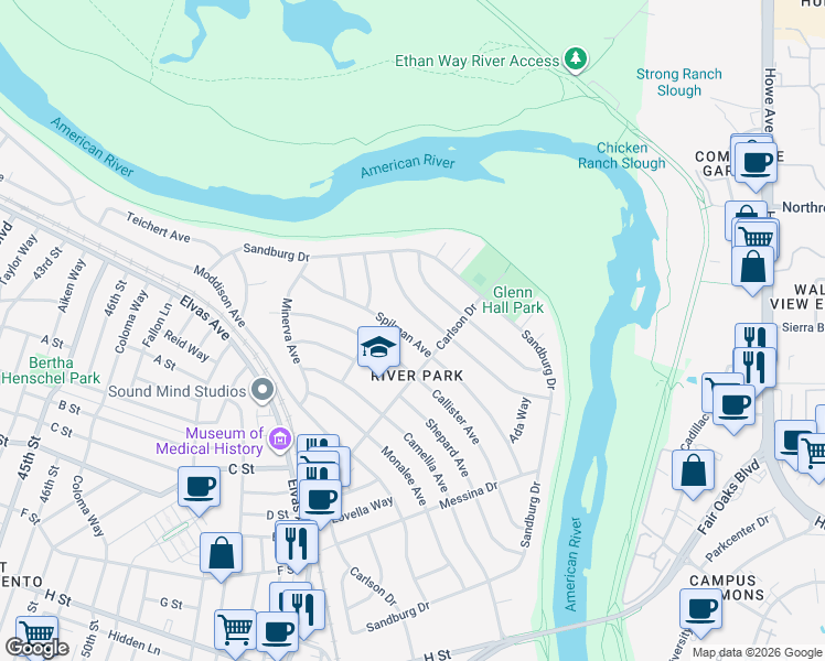 map of restaurants, bars, coffee shops, grocery stores, and more near 5344 State Avenue in Sacramento