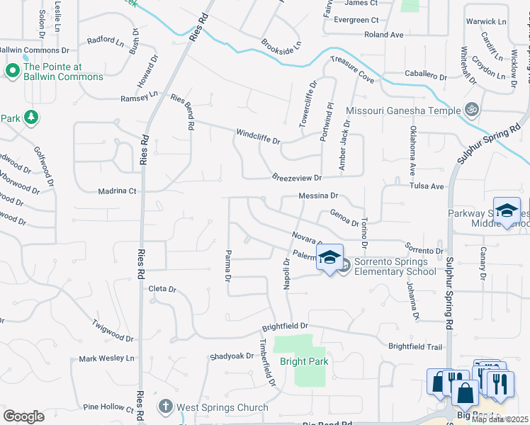 map of restaurants, bars, coffee shops, grocery stores, and more near 348 Sorrento Drive in Ballwin