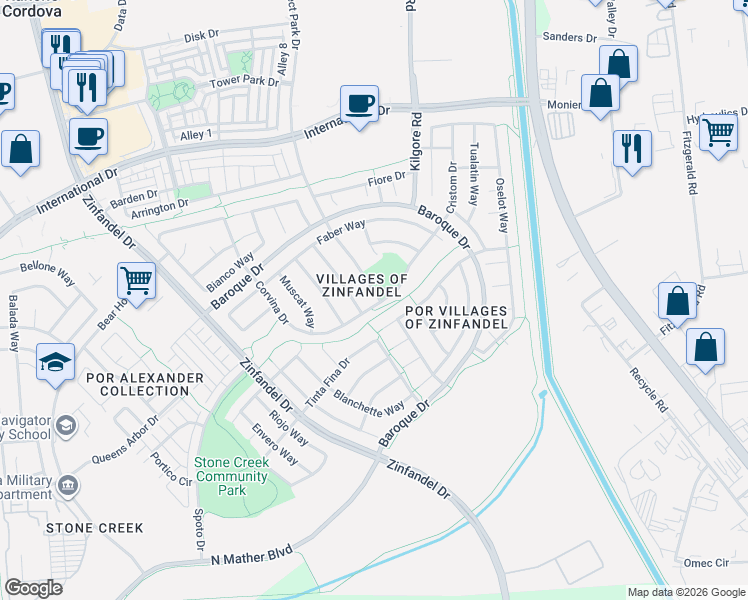 map of restaurants, bars, coffee shops, grocery stores, and more near 3460 Corvina Drive in Rancho Cordova