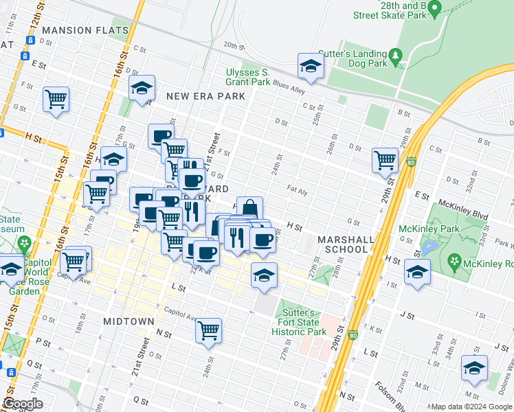 map of restaurants, bars, coffee shops, grocery stores, and more near 7 23rd Street in Sacramento