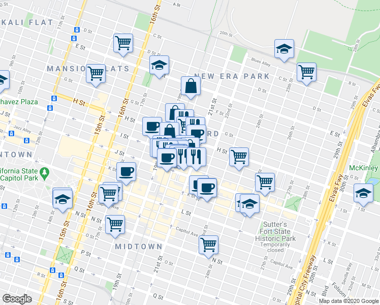 map of restaurants, bars, coffee shops, grocery stores, and more near 815 20th Street in Sacramento