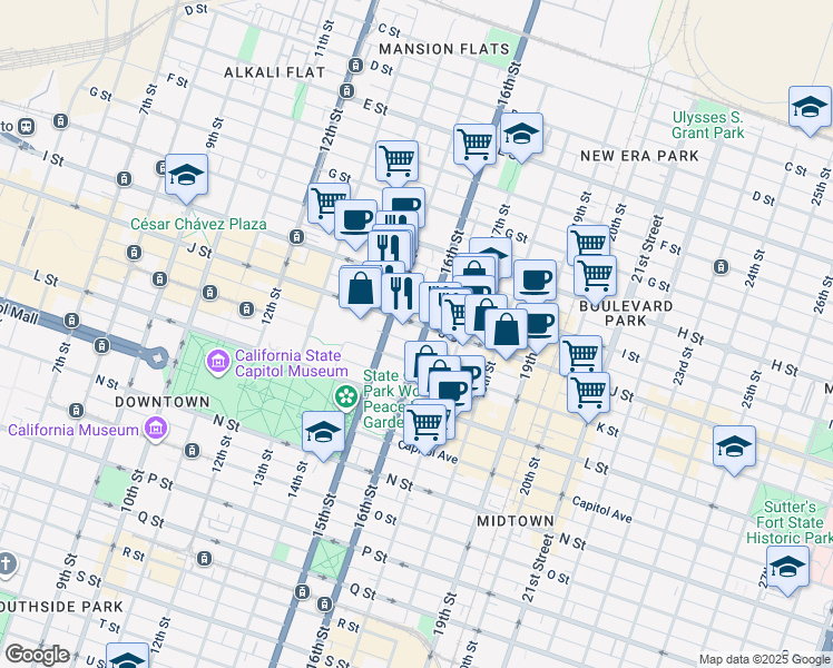 map of restaurants, bars, coffee shops, grocery stores, and more near 925 16th Street in Sacramento