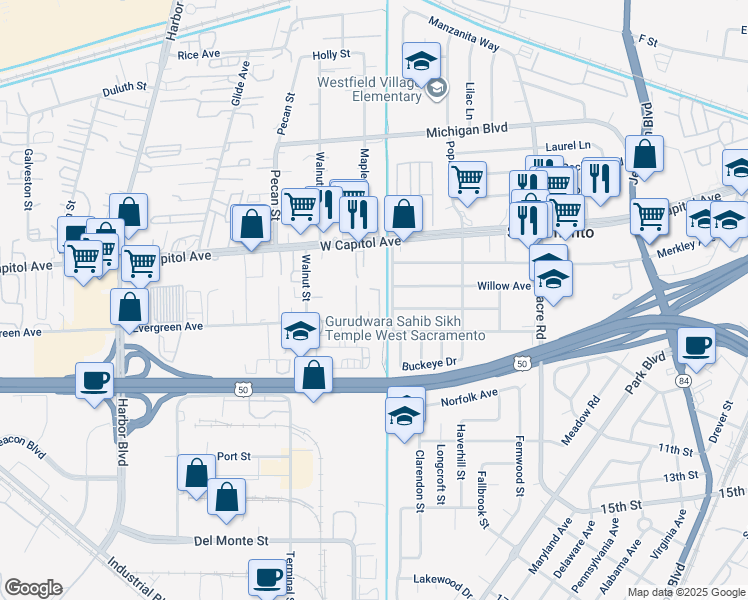 map of restaurants, bars, coffee shops, grocery stores, and more near 840-878 Sycamore Avenue in West Sacramento