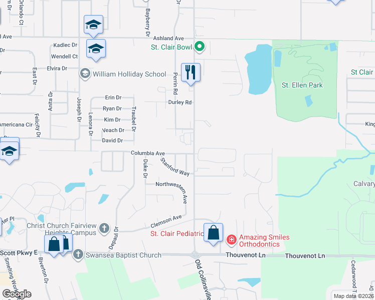 map of restaurants, bars, coffee shops, grocery stores, and more near 5514 Perrin Road in Fairview Heights