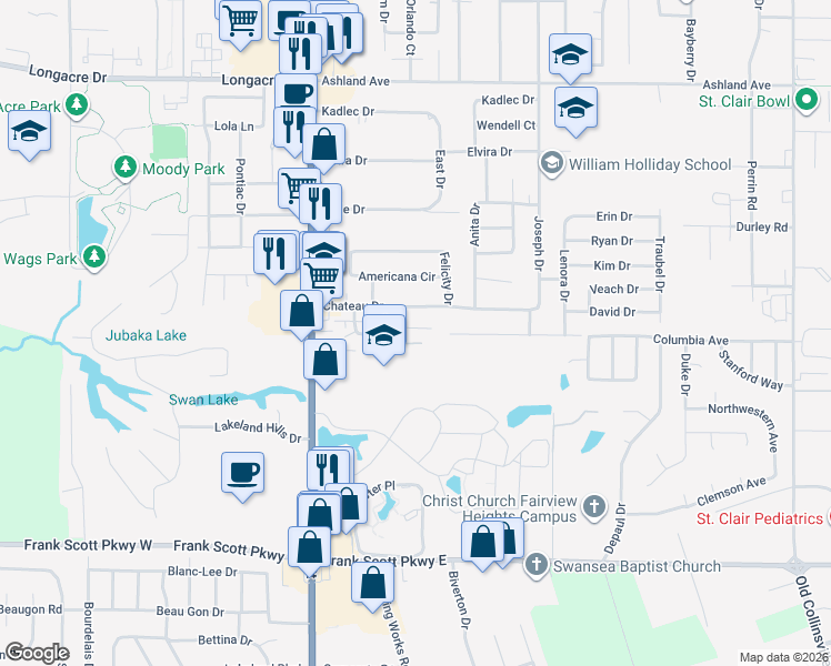 map of restaurants, bars, coffee shops, grocery stores, and more near 46 Chateau Drive in Fairview Heights