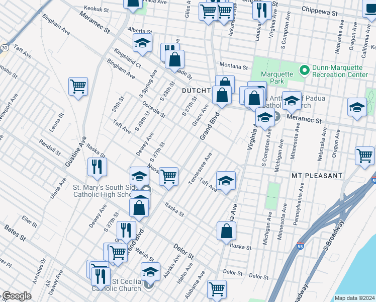 map of restaurants, bars, coffee shops, grocery stores, and more near 4424 Grace Avenue in St. Louis