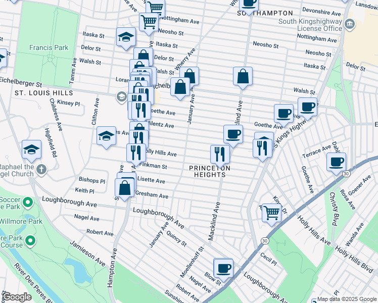 map of restaurants, bars, coffee shops, grocery stores, and more near 5536 Rhodes Avenue in St. Louis