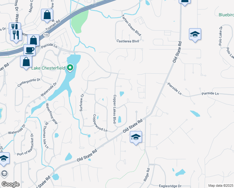 map of restaurants, bars, coffee shops, grocery stores, and more near 351 Copper Lakes Boulevard in Wildwood