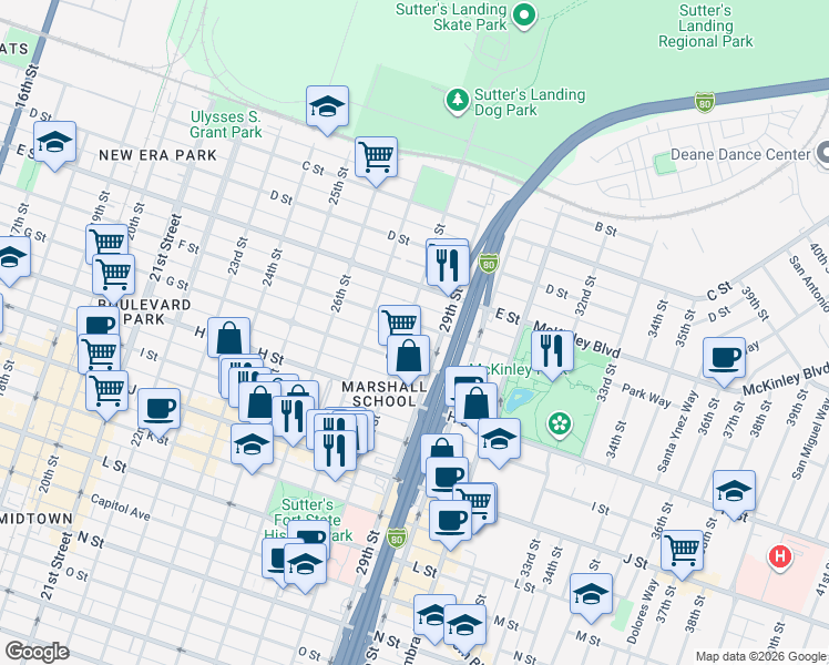 map of restaurants, bars, coffee shops, grocery stores, and more near 521 28th Street in Sacramento