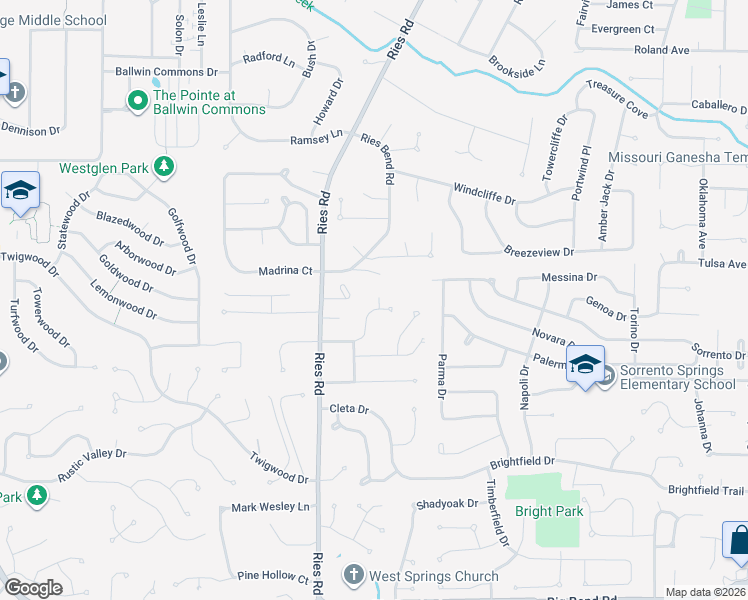 map of restaurants, bars, coffee shops, grocery stores, and more near 347 Holly Green Court in Ballwin