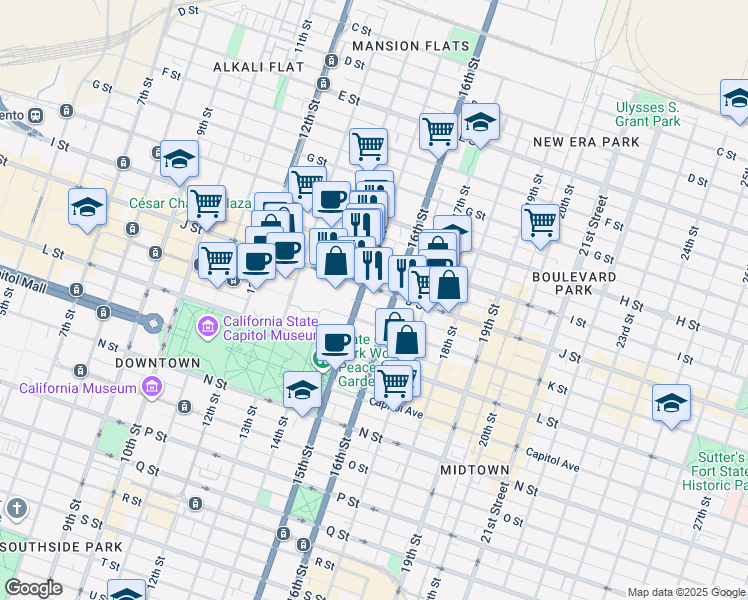 map of restaurants, bars, coffee shops, grocery stores, and more near 1430 J Street in Sacramento
