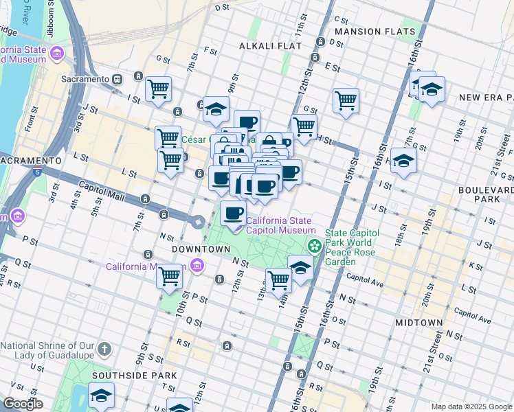 map of restaurants, bars, coffee shops, grocery stores, and more near 1100 K Street in Sacramento