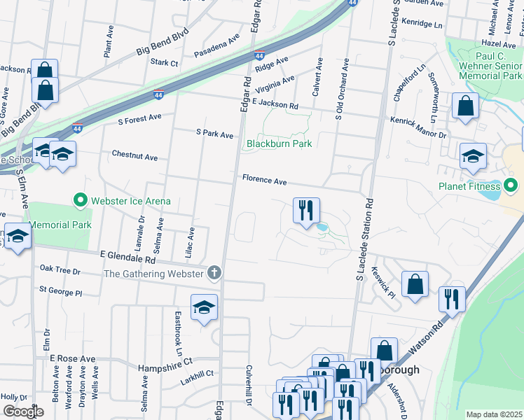 map of restaurants, bars, coffee shops, grocery stores, and more near 39 Chestnut Hill Lane in St. Louis