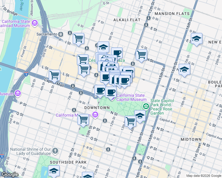 map of restaurants, bars, coffee shops, grocery stores, and more near 1017 L Street in Sacramento